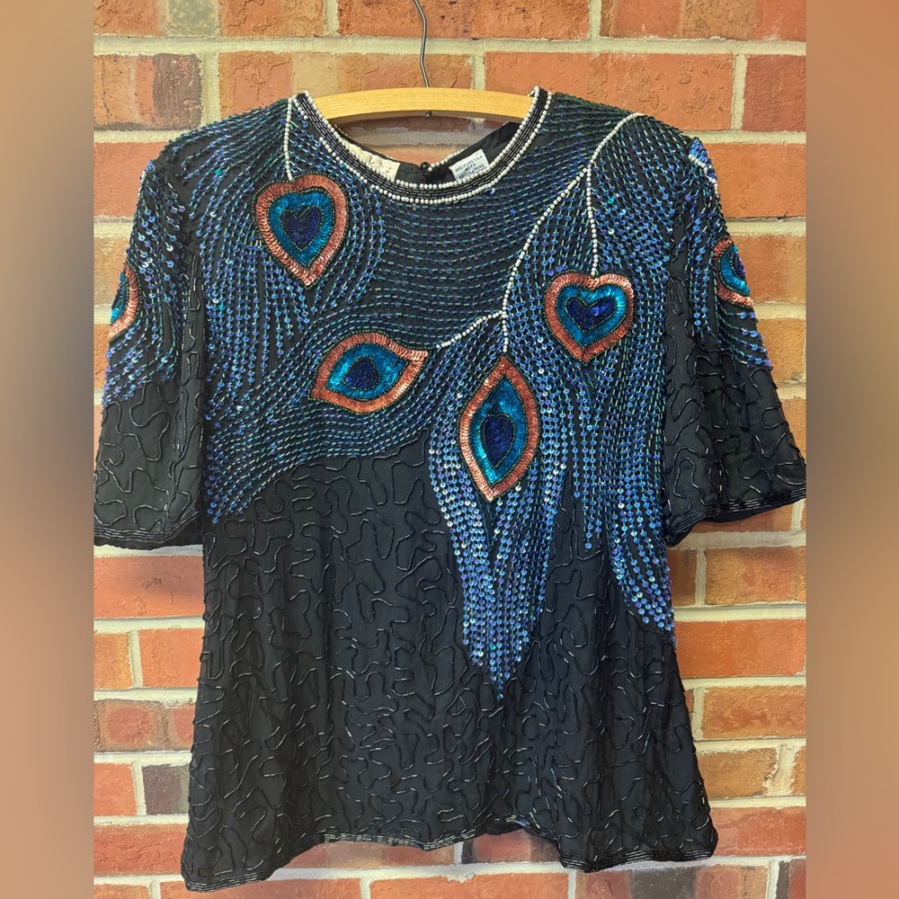 Laurence Kazar Black Top with Blue and Teal Peacock Beadwork